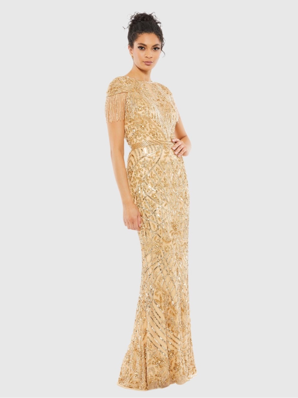 Mac Duggal 4715 Gold Embellished Fringe Cap Sleeve Trumpet Gown Size 6 NWT